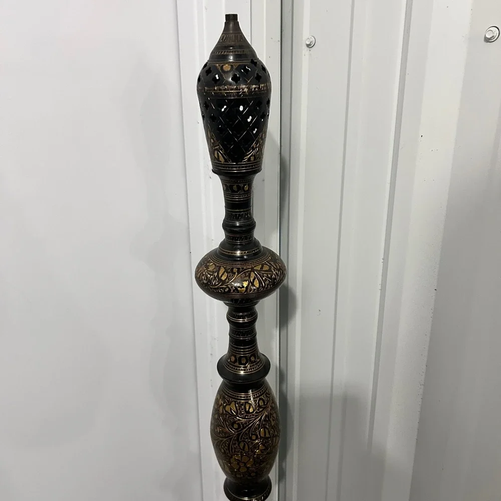 Vintage Persian Etched Brass Floor Lamp Black Gold Floral Tall Decorative Stand